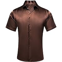 Hi-Tie Mens Brown Casual Short Sleeve Shirts Short Sleeve Regular Fit Button Down Wrinkle Free Stretch Shirt Party Prom