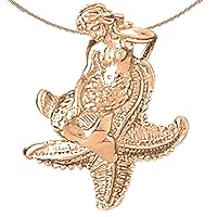 3-D Mermaid & Starfish Necklace | 14K Rose Gold 3D Mermaid & Starfish Pendant with 18