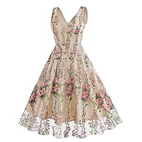 Women's Sleeveless Prom Dresses 1950s Vintage Cocktail Dress V Neck Flowers Embroidery Tulle Evening Party Gowns 2023