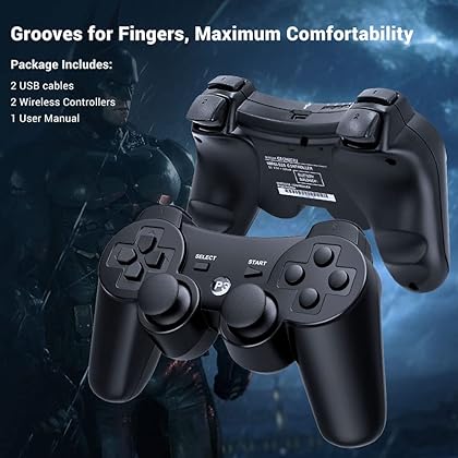 Controller 2 Pack for PS3 Wireless Controller for Sony Playstation 3, Double Shock 3, Bluetooth, Rechargeable, Motion Sensor, 360° Analog Joysticks, Remote for PS3, 2 USB Charging Cords, Black