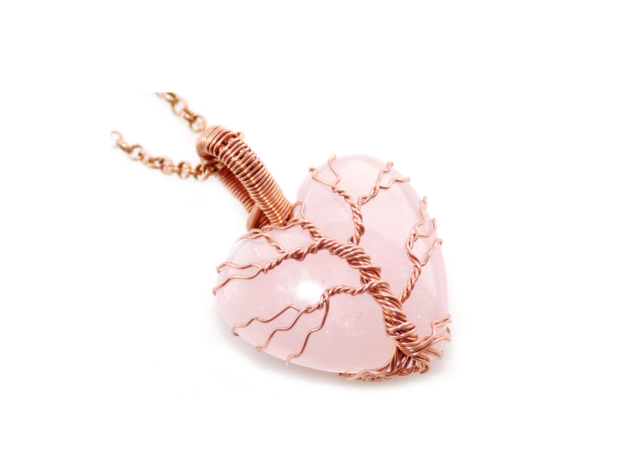 Heart Shape Rose Quartz Gemstone Necklace, Tree of Life Pendant, Copper Wire Jewelry, Lovely Gift, 41x30mm