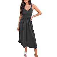 CUPSHE Women's V Neck Sleeveless Pleated Ruched Midi Dress Casual A Line Knit Long Dress
