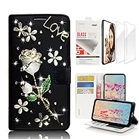 STENES Bling Wallet Case Compatible with Samsung Galaxy Note 9, 3D Handmade Pretty Rose Flowers Floral Design Leather Case with Wrist Strap & Screen Protector [2 Pack] - Black