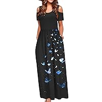 Women's Casual Dress Cold Shoulder Flower Printed Long Dress Pleated with Pocket Short Sleeve Summer Sundress Daily Wear Streetwear(6-Blue,6) 1133