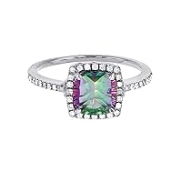 Sterling Silver Rhodium 7mm Cushion Mystic Green Topaz & Created White Sapphire Halo Ring