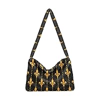 Ladies Soft Plush Underarm Bag Black-fleur-de-lis-gold Fluffy Shoulder Bag Women Furry Purse Handbag