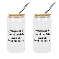 2 Pack Glasses with Lids And Straws Happiness Is Good Health And A Bad Glass Cup Can Beer Cups Mothers Day Gifts Cups Great For for Soda Boba Tea Cocktail