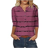 Ladies Tops and Blouses 3/4 Sleeve Button Striped Floral Printing Tee Shirt V Neck Fall Summer Tunics Clothing