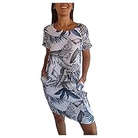 Summer Women's Cotton and Linen Round Neck Printed Dress, Casual Floral Short Sleeves Loose Dresses, with Pockets