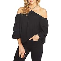 1.STATE Womens Cold Shoulder Halter Blouse Top, Black, X-Small