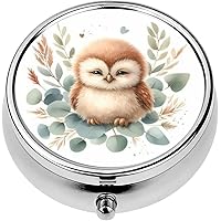 Mini Portable Pill Case Box for Purse Vitamin Medicine Metal Small Cute Travel Pill Organizer Container Holder Pocket Pharmacy Watercolor Cute Baby owl Sitting Leaves Baby Nursery Kids Room