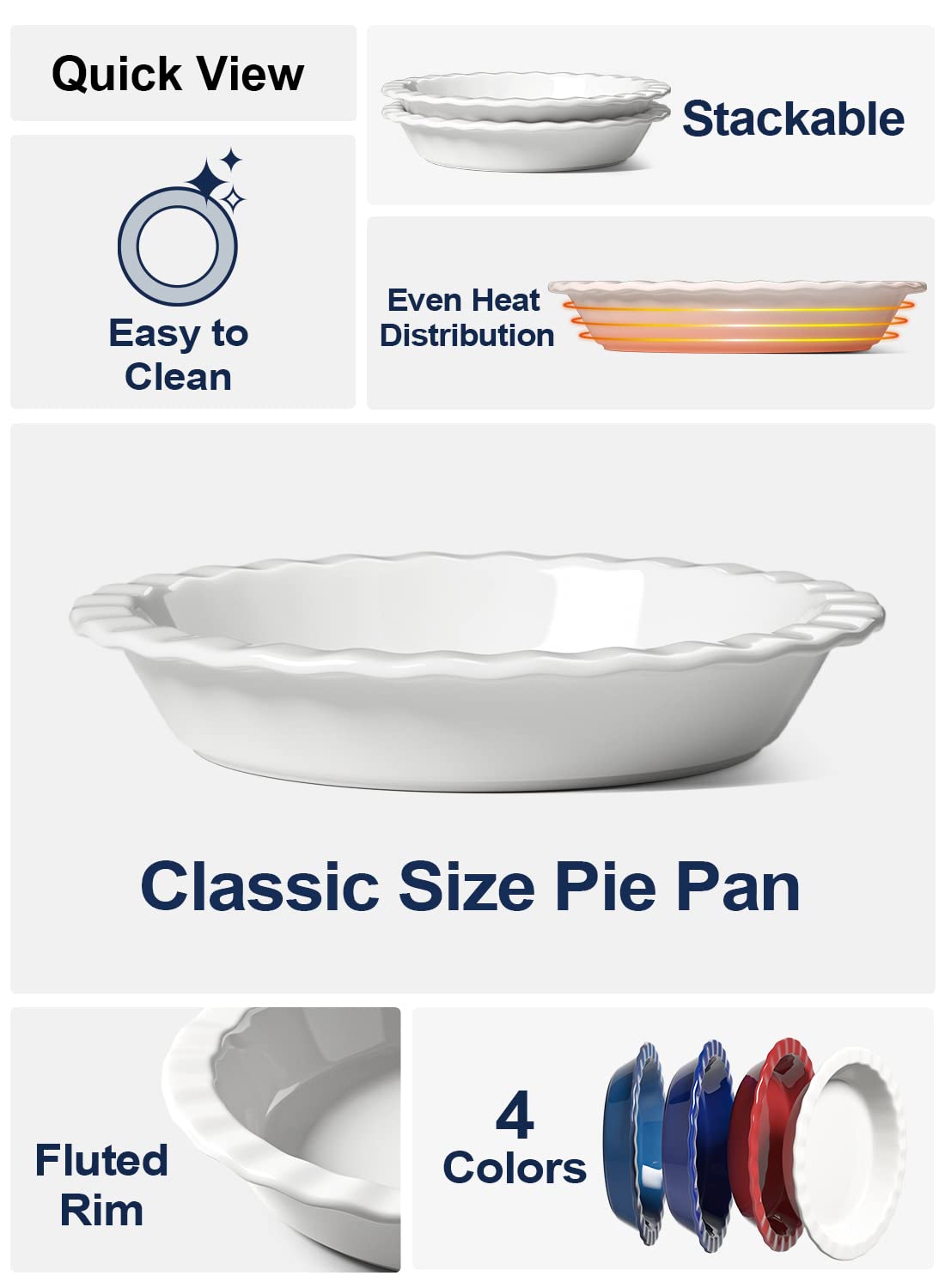 LE TAUCI Ceramic Pie Pans for Baking, 9 Inches Pie Plate for Apple Pie, Round Baking Dish, 36 Ounce Deep Dish Pie Pan, Set of 2, White