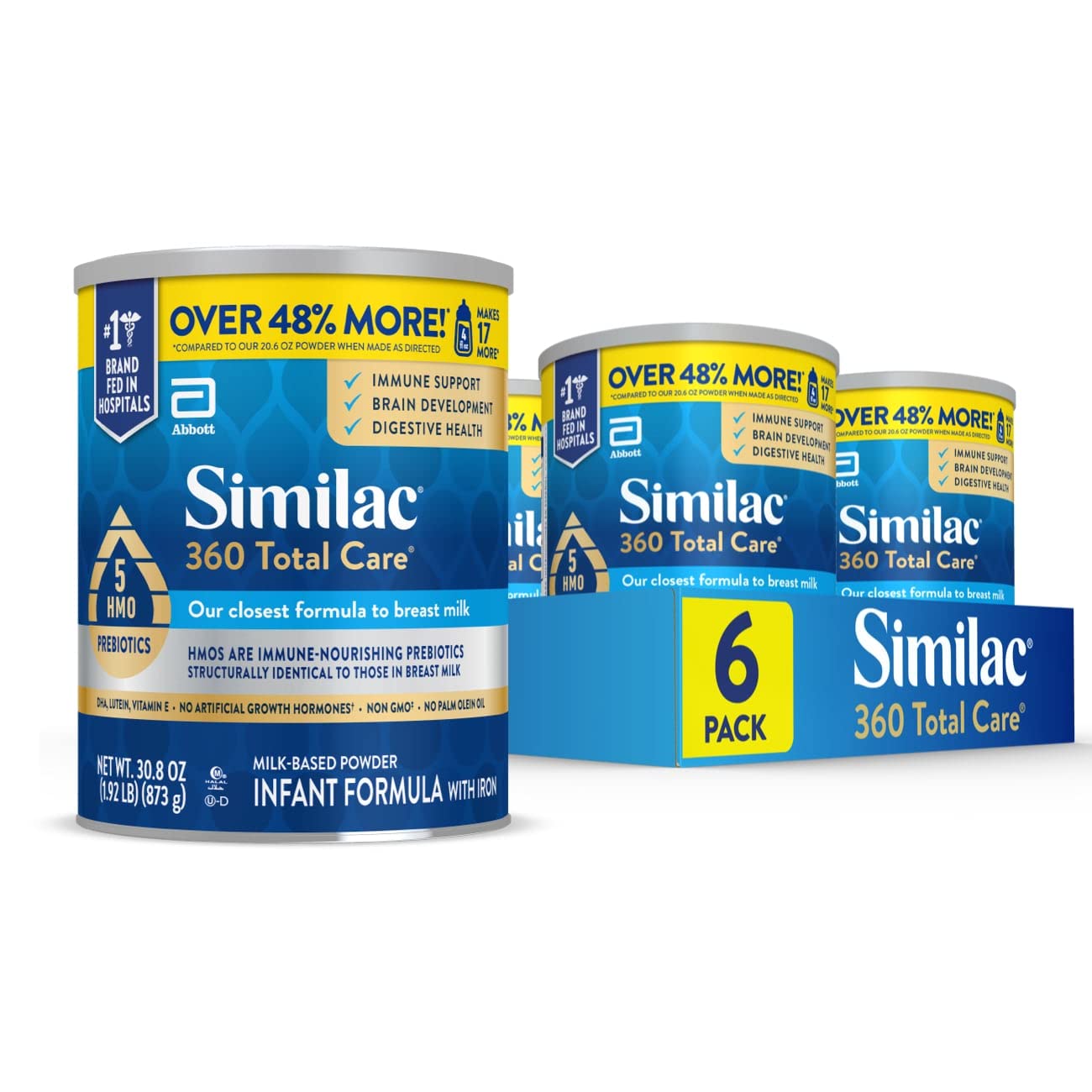 Similac 360 Total Care Infant Formula, with 5 HMO Prebiotics, Our Closest Formula to Breast Milk, Non-GMO, Baby Formula Powder, 30.8-oz Can (Case of 6)