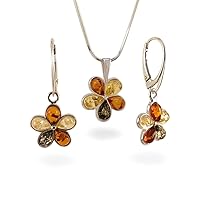 Amber Flower Set, Multicolour amber pendant & dangle earrings, Gemstone pendants, Gift Jewelry, Real amber jewelry, Flowers jewelry
