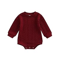 Infant Baby Girls Boys Romper Solid Color Knitted Round Neck Long Fly Sleeve Jumpsuits with Headband