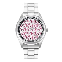 Pink Ribbon Breast Cancer Fashion Wrist Watch Arabic Numerals Stainless Steel Quartz Watch Easy to Read