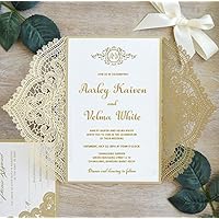 Gold Lace Wedding Invitations Suite Elegant Laser Cut Invitation with RSVP Cards Customized Wedding Cards - Set of 50 pcs (Customized Invitations + RSVP Cards)