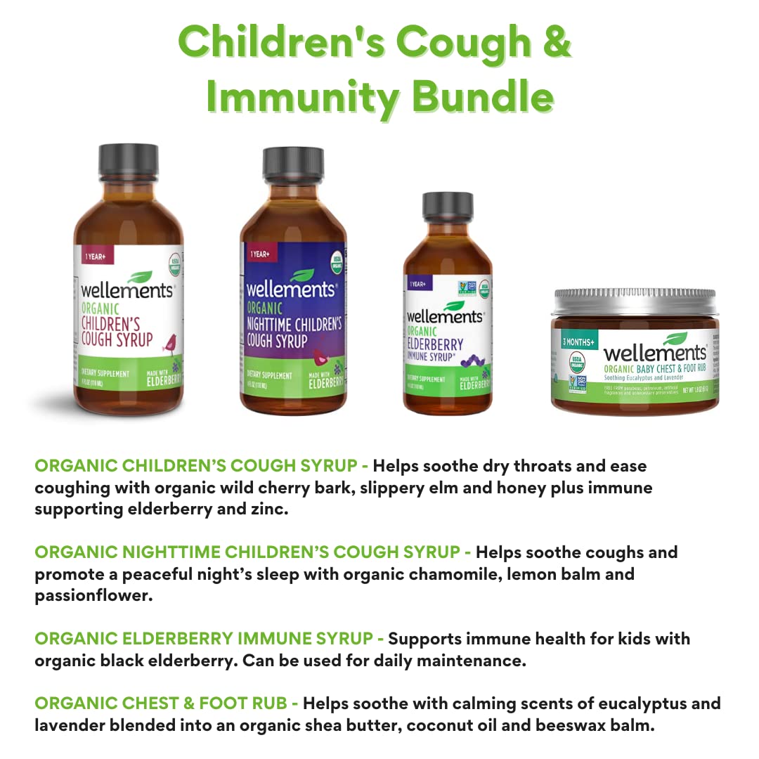 Wellements Organic Children’s Cough & Immunity Bundle | Includes Children’s Cough Syrup 4 fl oz, Nighttime Children’s Cough Syrup 4 fl oz, Elderberry Immune Syrup 4 oz & Chest & Foot Rub 2 fl oz
