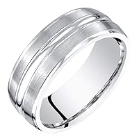 PEORA Men's 7mm 14K White Gold Wedding Ring Band, Brushed Matte with Polished Grooves, Comfort Fit Sizes 8 to 16