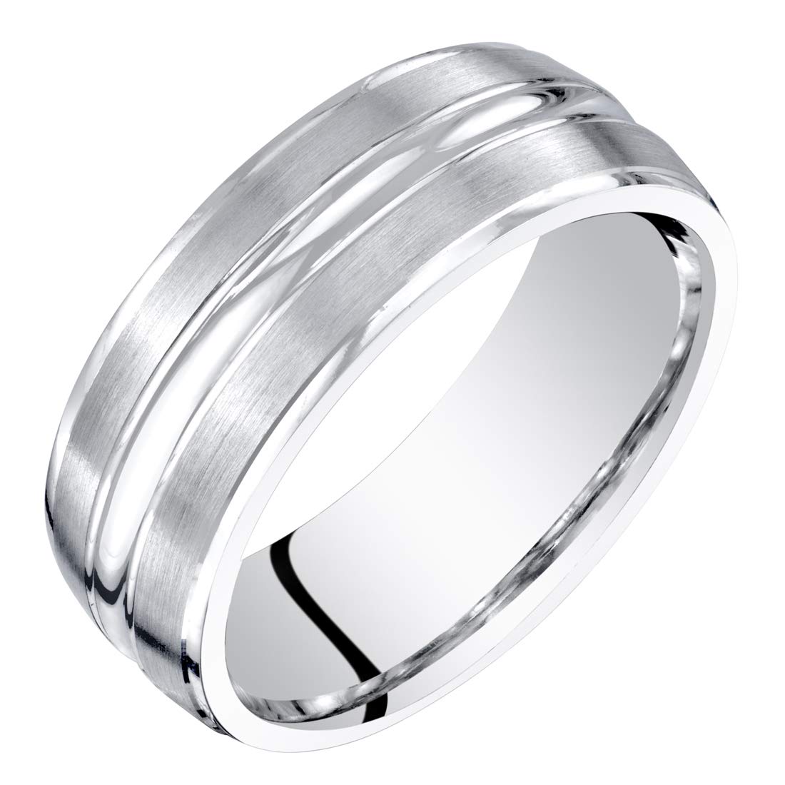Peora Men's 7mm 14K White Gold Wedding Ring Band, Brushed Matte with Polished Grooves, Comfort Fit Sizes 8 to 16