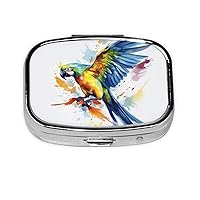 Pill Box Pill Case 2 Compartment Flying Parrot Print Cute Square Pill Organizer Portable Travel Medicine Organizer Stores for Purse Pocket