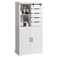 Tall Kitchen Pantry, Large Wood Storage Cabinet with Sliding Barn Door and Adjustable Shelves, Tall Freestanding Cupboard for Dining Room, Living Room, Laundry, White