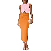 Pink Queen Women's Crew Neck Sleeveless Cutout Twist Ruched Slit Tie Back Ribbed Bodycon Midi Dress