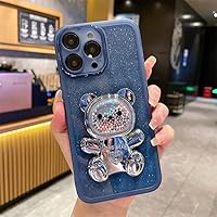 Cartoon Glitter 3D Bear Case for iPhone 14 13 12 Pro Max 14Plus 14pro 13Pro Bracket Gradient Shiny Stand Colorful Bead Cover,Blue,for iPhone 13