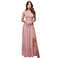 One Shoulder Dusty Rose Bridesmaid Dress with Slit Plus Size Chiffon Wedding Guest Dress with Pockets Size 18W