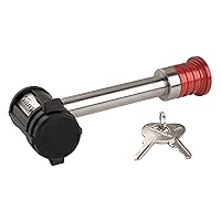 Master Lock Receiver Lock, Stainless Steel Barbell™ Receiver Lock, Fits 5/8 in. Receivers, Weather Resistant Automotive Receiver Lock, 1469DAT, Silver and Red