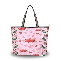 Valentines Day Tote Handbag for Women with Zipper,Large Grocery Bag Shopping Tote Bag Heart Print