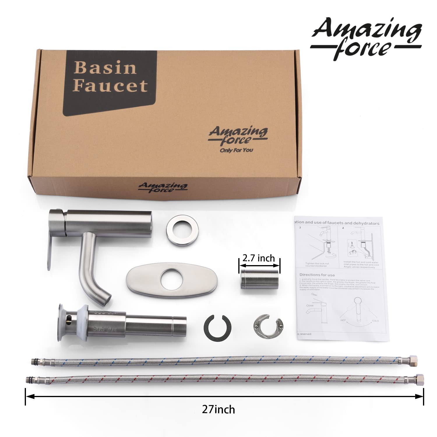 AMAZING FORCE Bathroom Faucet with Pop Up Drain Assembly and Deck Plate 1 or 3 Hole Bathroom Sink Faucet with Sink Drain Single Handle, Brushed Nickel 1.2 GPM