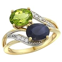 Silver City Jewelry 14K Yellow Gold Diamond Natural Peridot & Blue Sapphire 2-Stone Ring Oval 8x6mm, Sizes 5-10