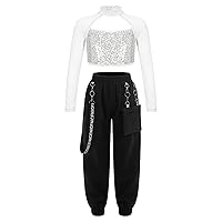 CHICTRY Kids Girls 2-Piece Hip Hop Dance Outfits Shiny Sequins Crop Tops with Chain Pocket Pants Suit Dancewear Silver 10 Years