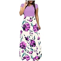 Women's Ombre Tie Dye Color Block Flowy Short Sleeve Long Floor Maxi Swing Round Neck Beach Foral Print Hawai Casual Summer