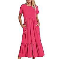 Womens Casual Summer Dresses Short Sleeve Crewneck Swing Dress Flowy Tiered Maxi Beach Dress Loose Long Dress with Pockets