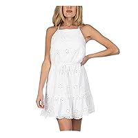 Speechless Womens Eyelet Belted Ruffled Sleeveless Halter Short Party Fit + Flare Dress