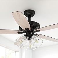 YITAHOME Farmhouse Ceiling Fan with Light and Remote, 52 Inch Outdoor Fan Ceiling with Clear Seeded Glass Light Kit, Quiet Reversible Motor, 3 Speed, Timer (Oak and Black)