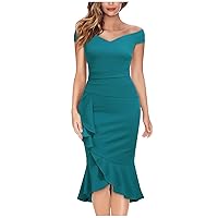 Pencil Evening Dresses Womens Travel Modern Summer Cold Shoulder Sleeve Knit Flounce Breathable Cocktail