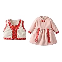 Toddler New Year's Girls Solid Color Long Sleeve Padded Lined China Button Long Dress + Floral Summer