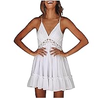 Womens Lace Bow Tie Back Sexy Deep V Neck Cami Dress Summer Ruffle Hem Spaghetti Strap Hollow Backless Mini Dresses