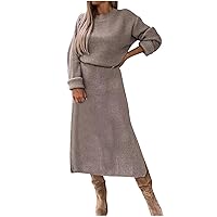 Crewneck Sweater Dress for Women Drop Shoulder Slit Jumper Pullover Dress Slouchy Chunky Knit Midi Dress for Fall