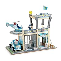Hape Metro Police Station Play Toy Set with Sounds and Lights| 2-Level Wooden Pretend Play Toy with Action Figures and Accessories