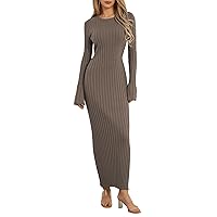 Sunloudy Women Crewneck Knit Maxi Dress Bell Long Sleeve Ruched Ribbed Bodycon Long Sweater Dress Streetwear