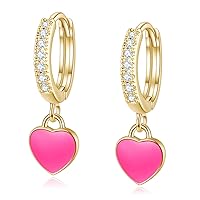 14K Gold Plated Pink Heart Dangle Drop Earrings for Women Girls CZ Huggie Hoops Charm Earrings Dangling Hot Pink Enamel Love Heart Earrings Dainty Cute Valentines Day Gift Jewelry