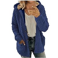 Women Fuzzy Fleece Button Up Hooded Coat Oversized Winter Long Sleeve Outerwear with Pockets Solid Warm Hoodies