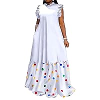 Seltaon 2024 Summer Plus Size Dresses for Women African Print Ruffle Sleeveless Loose Flowy Long Dresses with Pocket