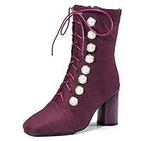 Women Rivet Round Toe lace up Ankle Boot Side Zipper Chunky Heel Bootie