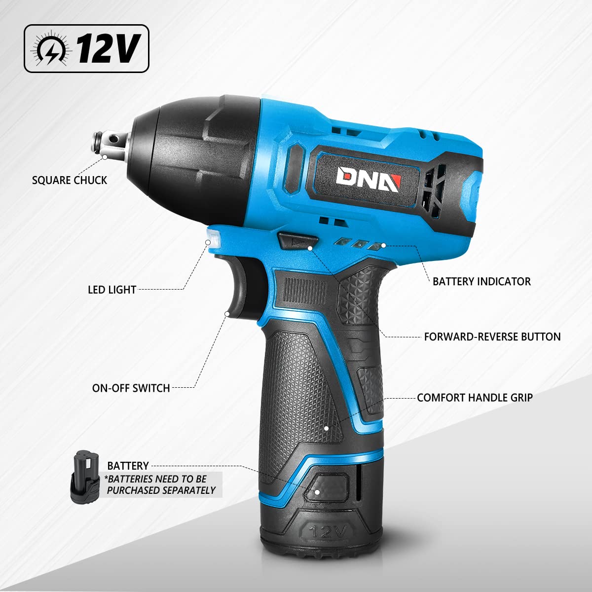 DNA MOTORING TOOLS-00159 Cordless Impact Wrench, 3/8” Chuck Max Torque 120Nm 12V Electric Power Impact Wrench with LED Work Light,Blue (Tool Only)