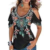 Cold Shoulder Tops for Women Embroidered Tops Summer Boho Peasant Mexican Blouses